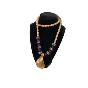 Wooden and glass seashell necklace cobalt blue and gold  32 inches